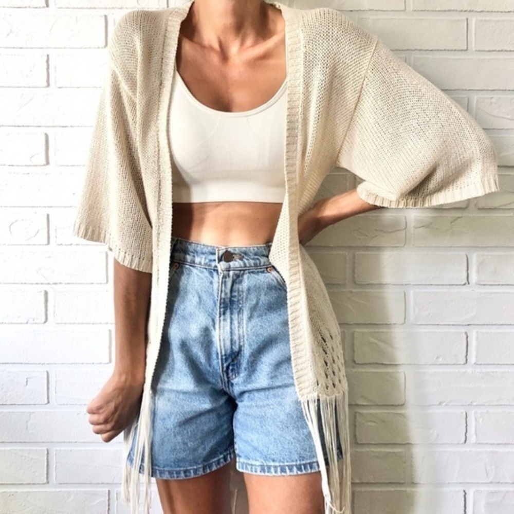 WDG Fringe Kinomo Vest Boho beige short sleeve Women Medium knit cardigan summer